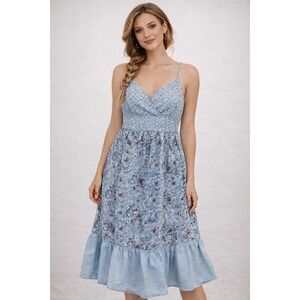 Nick and Mo Ruffle Tiered Midi Dress Womens Small Blue Cotton Floral Country